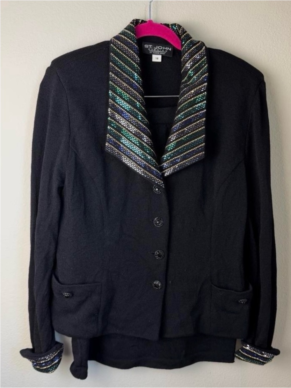 St. John Santana Knit 2pc Skirt Jacket Suit Black Pailettes Sz 12/14 - Picture 2 of 9